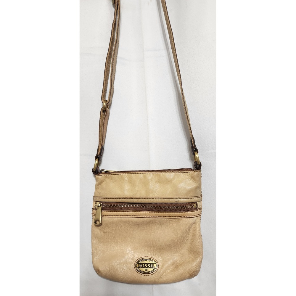 Fossil Cream Leather‎ Crossbody Bag Small Zip Top Shoulder Purse Brass Hardware